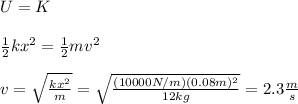 U=K\\\\\frac{1}{2}kx^2=\frac{1}{2}mv^2\\\\v=\sqrt{\frac{kx^2}{m}}=\sqrt{\frac{(10000N/m)(0.08m)^2}{12kg}}=2.3\frac{m}{s}