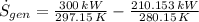 \dot S_{gen} = \frac{300\,kW}{297.15\,K}-\frac{210.153\,kW}{280.15\,K}