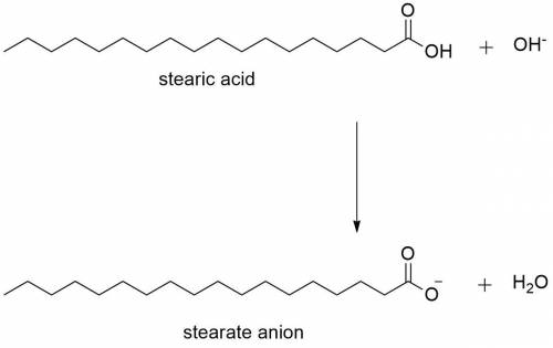 Draw the products of the acid-base reaction between stearic acid and OH-