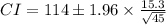 CI=114\pm 1.96 \times \frac{15.3}{\sqrt{45}}