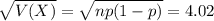 \sqrt{V(X)} = \sqrt{np(1-p)} = 4.02