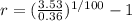r=(\frac{3.53}{0.36})^{1/100}-1