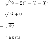 =\sqrt{(9-2)^2+(3-3)^2} \\\\=\sqrt{7^2+0} \\\\=\sqrt{49}\\\\ =7\,\,units