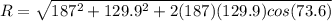 R = \sqrt{187^2 + 129.9 ^2  + 2 (187 ) (129.9) cos (73.6)}