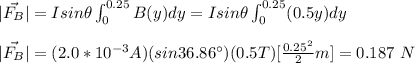 |\vec{F_B}|=Isin\theta\int_0^{0.25}B(y)dy=Isin\theta\int_0^{0.25}(0.5y)dy\\\\|\vec{F_B}|=(2.0*10^{-3}A)(sin36.86\°)(0.5T)[\frac{0.25^2}{2}m]=0.187\ N