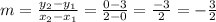 m=\frac{y_2-y_1}{x_2-x_1}=\frac{0-3}{2-0}  = \frac{-3}{2} = -\frac{3}{2}