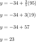 y = -34+ \frac{3}{5} (95)\\\\y = -34+ 3 (19)\\\\y = -34+ 57\\\\y = 23