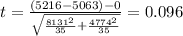 t=\frac{(5216-5063)-0}{\sqrt{\frac{8131^2}{35}+\frac{4774^2}{35}}}}=0.096