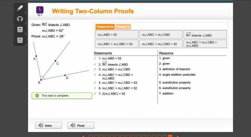 Writing two column proofs. Given: BC bisects ABM M ABD=52° prove: m B =26°