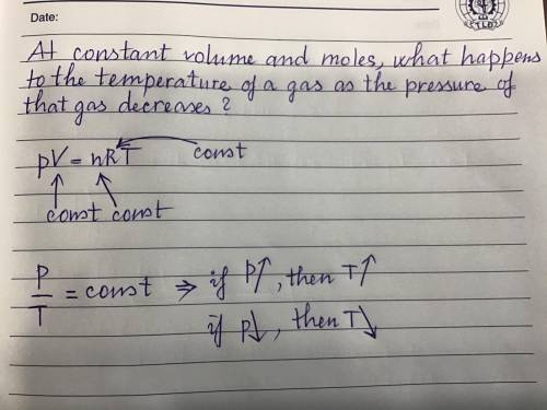 At constant volume and moles, what happens to the temperature of a gas as the pressure of that gas d