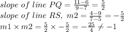 slope~of~line~PQ=\frac{11-6}{9-7}=\frac{5}{2}\\slope~of~line~RS,~m2=\frac{4-9}{7-5}=-\frac{5}{2} \\m1 \times m2=\frac{5}{2} \times -\frac{5}{2} =-\frac{25}{4} \neq -1