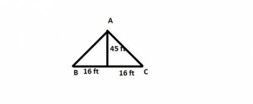 An A-frame house is 45 feet high and 32 feet wide. Find the measure of the angle that the roof makes