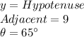 y=Hypotenuse\\Adjacent=9\\\theta=65^{\circ}