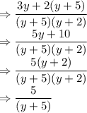 \Rightarrow \dfrac{3y+2(y+5)}{(y+5)(y+2)}\\\Rightarrow \dfrac{5y+10}{(y+5)(y+2)}\\\Rightarrow \dfrac{5(y+2)}{(y+5)(y+2)}\\\Rightarrow \dfrac{5}{(y+5)}