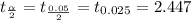 t_{\frac{\alpha }{2} } = t_{\frac{0.05}{2} } = t_{0.025} = 2.447