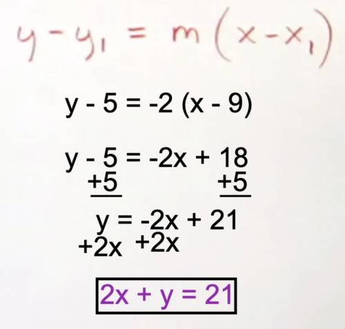 Write the Equation of the line that has a slope of -2 and passes through the points (9,5)