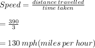 Speed =  \frac{distance \: travelled}{time \: taken}  \\  \\  \:  \:  \:  \:  \:  \:  \:  \:  \:  \:  \:  \:  \:  \:  \:  \:  \:  \:  \:  \:  \:  \:  \:  \:  =   \frac{ 390 }{ 3 }\\  \\  \:  \:  \:  \:  \:  \:  \:  \:  \:  \:  \:  \:  \:  \:  \:  \:  \:  \:  \:  \:  \:  \:  \:  \:  = 130 \: mph (miles \: per \: hour)