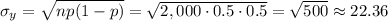 \sigma_y=\sqrt{np(1-p)}=\sqrt{2,000\cdot0.5\cdot0.5}=\sqrt{500}\approx22.36