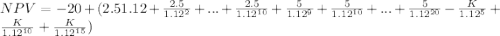 NPV = -20+(\fatc{2.5}{1.12}+\frac{2.5}{1.12^2}+...+\frac{2.5}{1.12^{10}} +\frac{5}{1.12^9}+\frac{5}{1.12^{10}}+...+\frac{5}{1.12^{20}} - \frac{K}{1.12^5}+\frac{K}{1.12^{10}}+ \frac{K}{1.12^{15}})