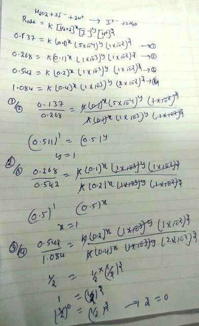 Consider the following data concerning the equation: H2O2 + 3I– + 2H+ → I3– + 2H2O [H2O2] [I–] [H+]