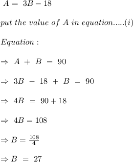 \ A = \ 3B - 18 \\\\ \ put \ the \ value \ of \ A \ in \ equation.....(i) \\\\  \ Equation:  \\ \\\Rightarrow  \ A\ +\ B \ =\ 90 \\\\\Rightarrow \ 3B\ -\  18 \ + \ B \ = \ 90 \\\\\Rightarrow \ 4B \ = \ 90 +18 \\\\\Rightarrow \ 4B = 108 \\\\ \Rightarrow  B = \frac{108}{4} \\\\ \Rightarrow   B \ = \ 27\\