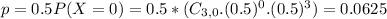 p = 0.5P(X = 0) = 0.5*(C_{3,0}.(0.5)^{0}.(0.5)^{3}) = 0.0625