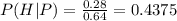 P(H|P) =\frac{0.28}{0.64}= 0.4375