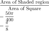 \dfrac{\text{Area of Shaded region}}{\text{Area of Square}} \\=\dfrac{50 \pi}{400} \\=\dfrac{ \pi}{8}
