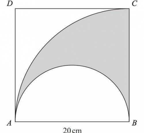 The diagram shows a square ABCD with sides of length 20cm. it also shows a semi circle and an arc ci