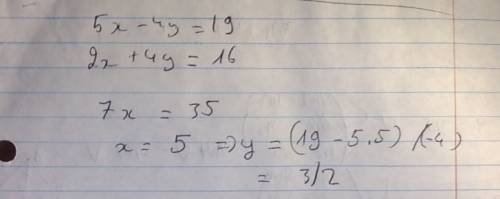 Solve the simultaneous equations  5x-4y=19  x+2y=8