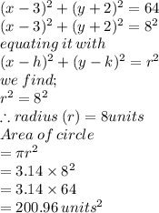 (x - 3)^2 + (y + 2)^2 = 64\\(x - 3)^2 + (y + 2)^2 = 8^{2} \\equating \:it\: with\\(x - h)^2 + (y -k)^2 = r^{2}\\we\:find;\\r^{2} =8^{2}\\\therefore radius\: (r) = 8 units\\Area\: of\: circle\\=\pi r^{2} \\=3.14\times8^2\\=3.14\times 64\\=200.96 \:units^{2}