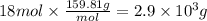 18mol \times \frac{159.81g}{mol} =2.9 \times 10^{3} g