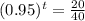 (0.95)^{t} = \frac{20}{40}