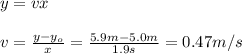 y=vx\\\\v=\frac{y-y_o}{x}=\frac{5.9m-5.0m}{1.9s}=0.47m/s