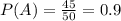 P(A) = \frac{45}{50} = 0.9