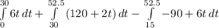 \int\limits^{30}_0 {6t} \, dt + \int\limits^{52.5}_{30} {(120+2t)} \, dt -\int\limits^{52.5}_{15} {-90+6t} \, dt \\