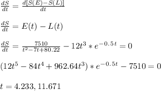 \frac{dS}{dt} = \frac{d [ S(E) - S(L)]}{dt}   \\\\\frac{dS}{dt} = E(t) - L(t) \\\\\frac{dS}{dt} = \frac{7510}{t^2 - 7t+80.22}   - 12t^3*e^-^0^.^5^t = 0\\\\( 12t^5 - 84t^4 + 962.64t^3) *e^-^0^.^5^t - 7510 = 0\\\\t = 4.233 , 11.671
