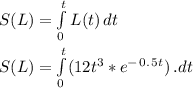 S (L) =  \int\limits^t_0 {L(t)} \, dt\\\\S (L) =  \int\limits^t_0 ({12t^3 *e^-^0^.^5^t } )\, .dt\\
