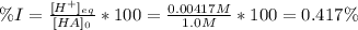 \% I = \frac{[H^{+}]_{eq}}{[HA]_{0}}*100 = \frac{0.00417 M}{1.0 M}*100 = 0.417 \%
