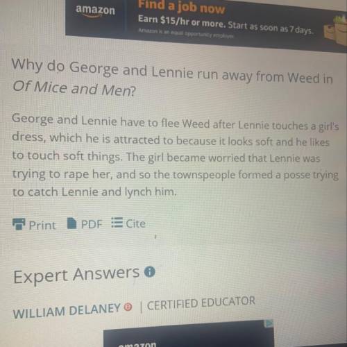 2. What happened that caused the two men to run away from the town of Weed? Do you think Lennie mean