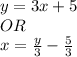 y = 3x + 5\\OR\\x = \frac{y}{3} -\frac{5}{3}