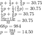 p+\frac{1}{2}s+\frac{3}{4}p=30.75\\  \frac{7}{4}p +\frac{1}{2}(\frac{3}{4} p)=30.75\\\frac{7}{4}p+\frac{3}{8}p=30.75\\ \frac{56p+12p}{32}=30.75\\ 68p=984\\p=\frac{984}{68}=14.50