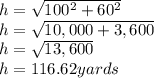 h=\sqrt{100^2+60^2} \\h=\sqrt{10,000+3,600}\\ h=\sqrt{13,600}\\ h=116.62yards