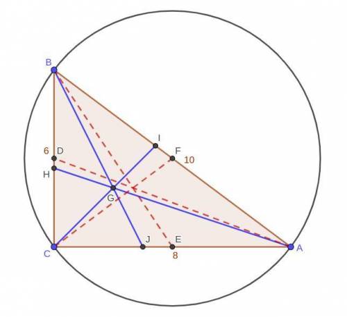 Given a right triangle with leg a = 6 and hypotenuse c = 10. Find the three heights, the three media