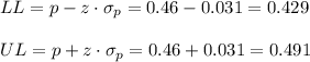 LL=p-z \cdot \sigma_p = 0.46-0.031=0.429\\\\UL=p+z \cdot \sigma_p = 0.46+0.031=0.491