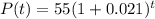 P(t) = 55(1 + 0.021)^{t}