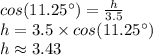 cos(11.25\°)=\frac{h}{3.5}\\ h=3.5 \times cos(11.25 \°)\\h \approx 3.43