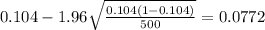 0.104 - 1.96\sqrt{\frac{0.104(1-0.104)}{500}}=0.0772