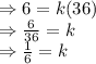 \Rightarrow 6=k(36)\\\Rightarrow \frac{6}{36}=k\\\Rightarrow \frac{1}{6}=k
