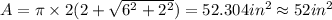 A = \pi \times 2 (2+ \sqrt{6^{2}+2^{2}})=52.304 in^{2} \approx 52in^{2}